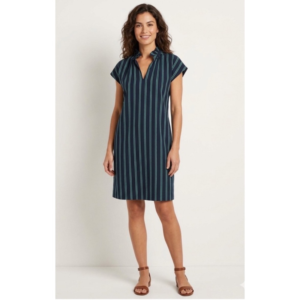 Never A Wallflower Vicki Navy Green Striped Ruffle Collar Cotton Shift Dress S